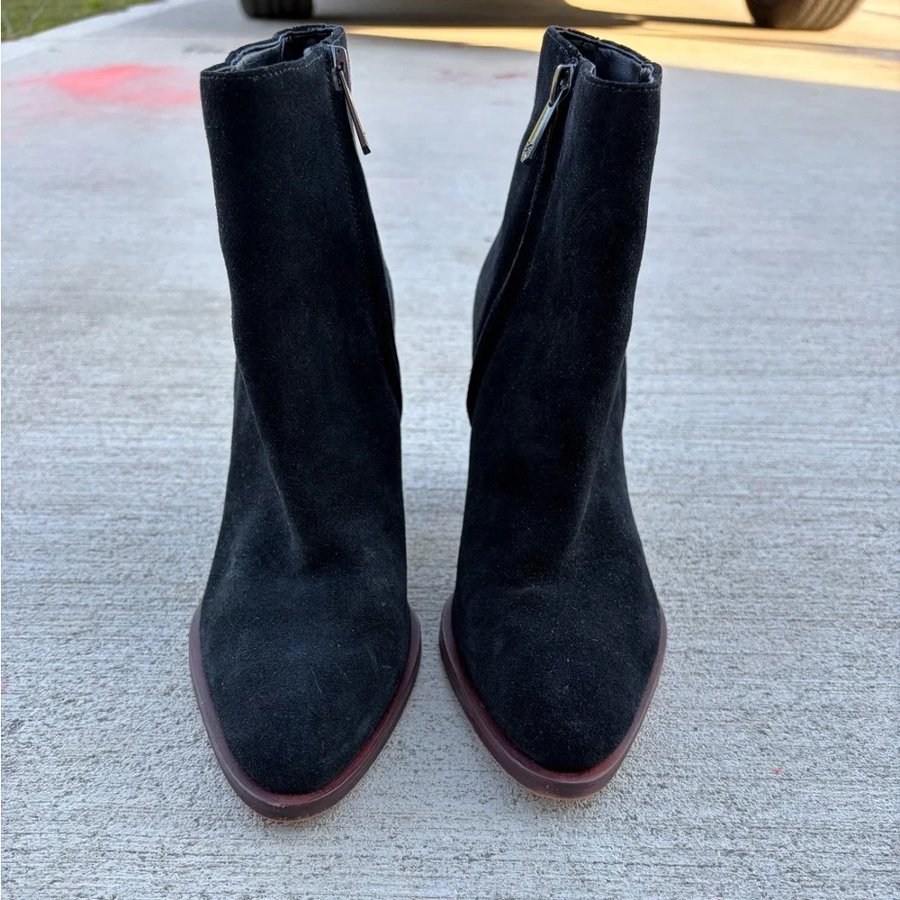 sam edelman black suede ankle boots block heel minimalist western booties 6.5